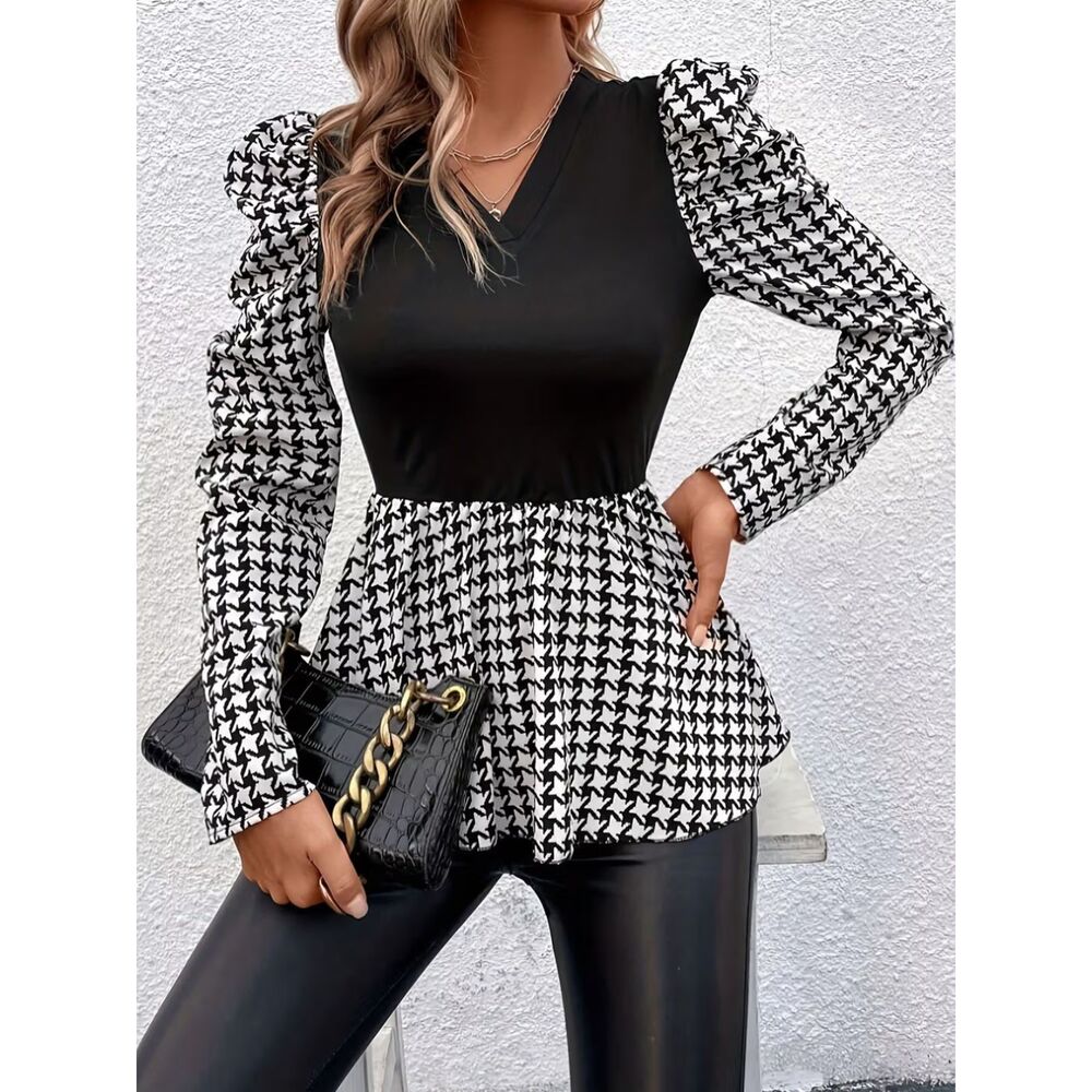 Black Puff-Sleeve Top – Contrast Checkered Sleeves, V-Neck, Long Sleeve - S